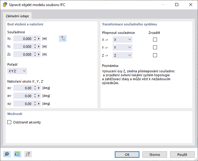 Nastavení pro import IFC