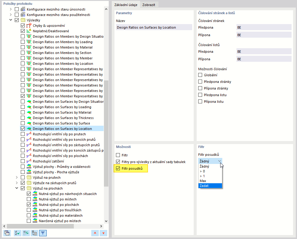 Možnosti filtrování pro kritérium posouzení