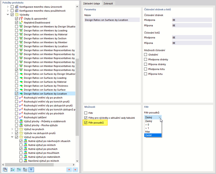 Možnosti filtrování pro kritérium posouzení