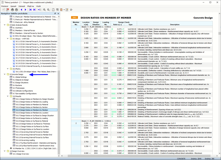 Tiskový protokol s údaji pro posouzení betonu