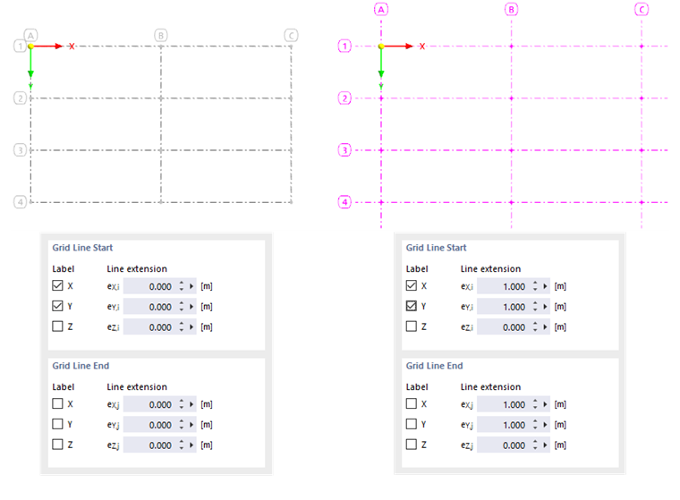 Rastry bez liniového prodloužení (vlevo) a s liniovým prodloužením (vpravo)
