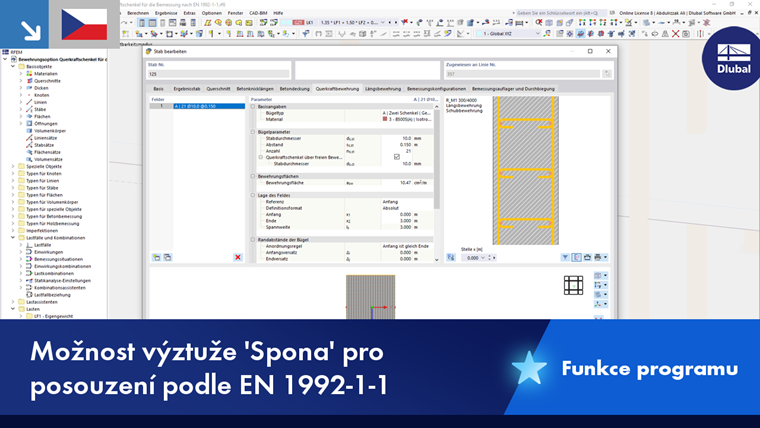 Možnost třmene v nástroji Dlubal Design Tool podle EN 1992-1-1. Vizuální znázornění navrhování výztuže se specifickými třmeny.