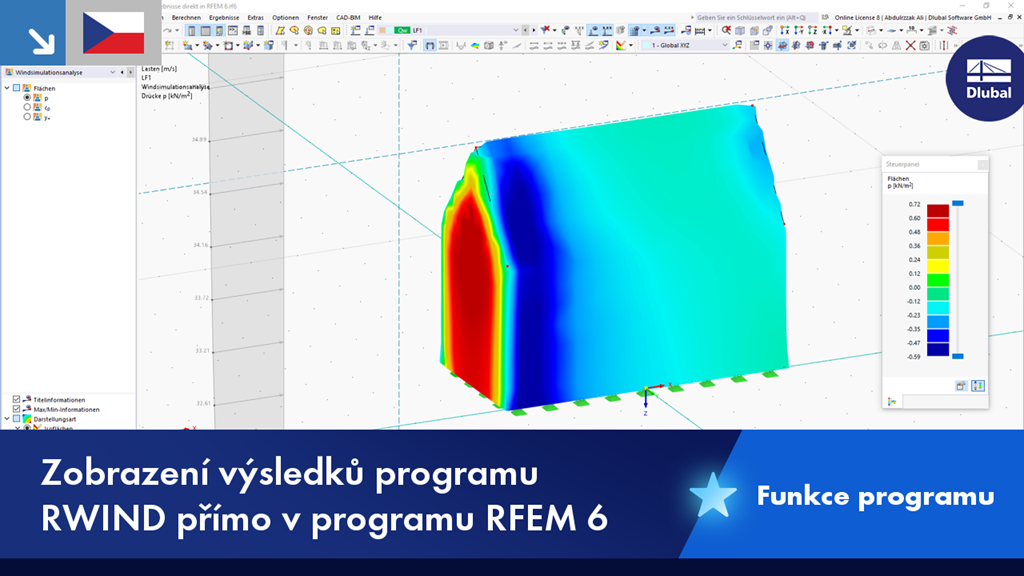 Vizualizace výsledků simulace RWIND v prostředí RFEM 6, která ukazuje dopady aerodynamiky na model konstrukce.