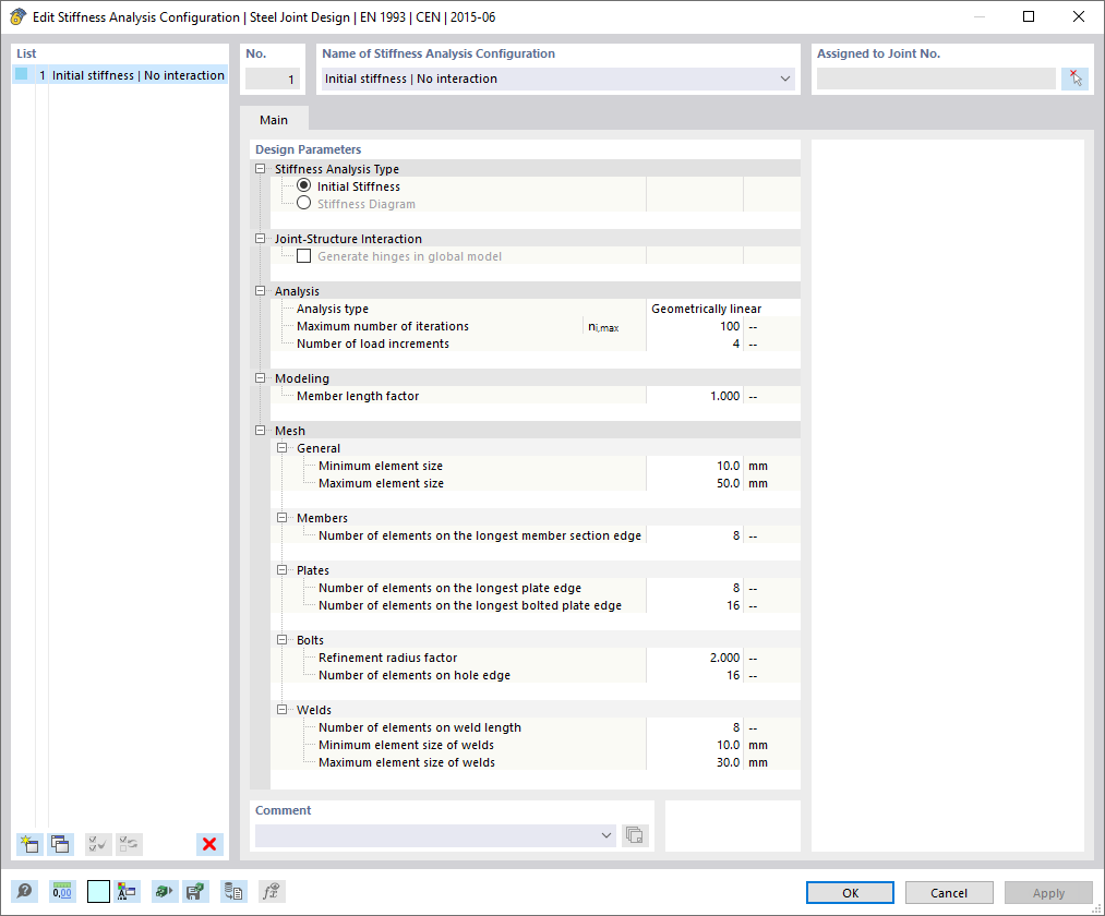 Nastavení konfigurace analýzy tuhosti pro posouzení ocelových přípojů