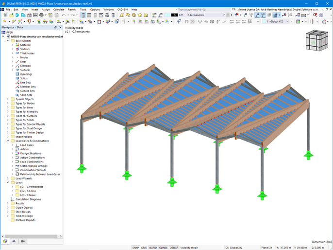 RFEM model zastřešení na náměstí v Anoetě