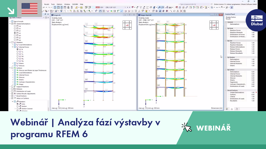 Analýza fází výstavby v programu RFEM 6 zobrazující diagramy zatížení konstrukce.