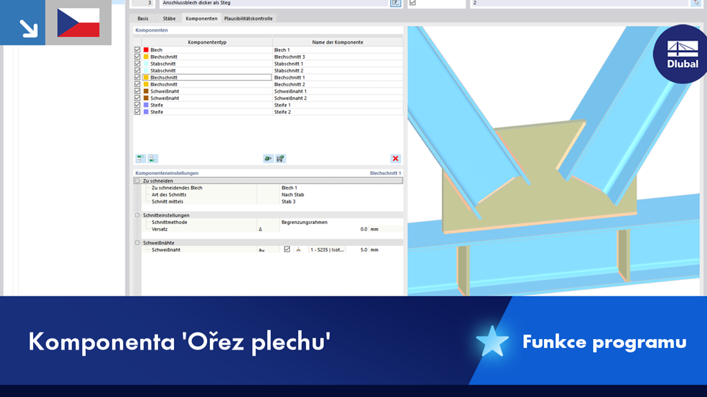 Detail ocelového profilu s technickým výkresem a spojovacím prvkem.