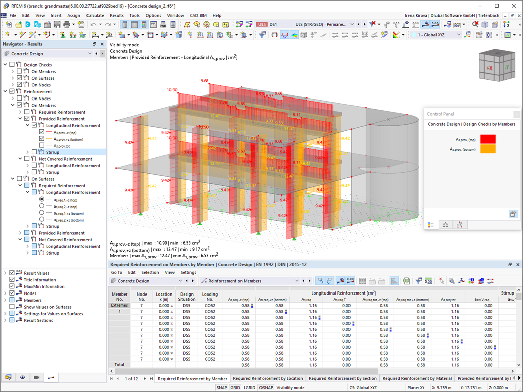 Analýza výztuže u železobetonových prutů s programem RFEM ukazuje detailní výsledky.