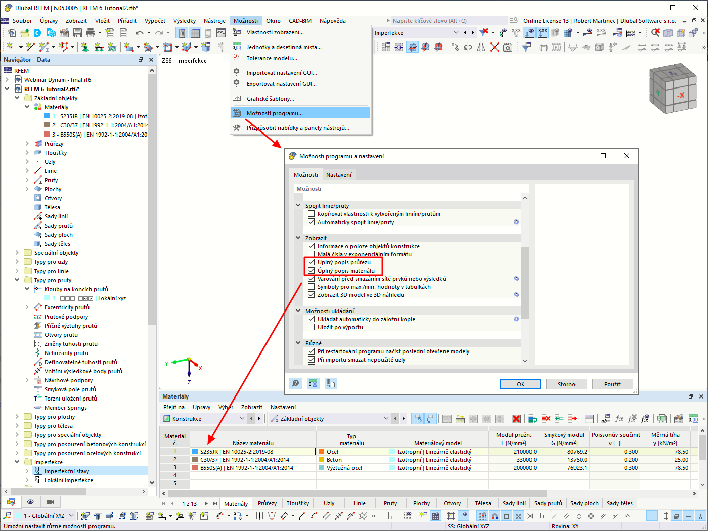 Úplný popis materiálu a průřezu