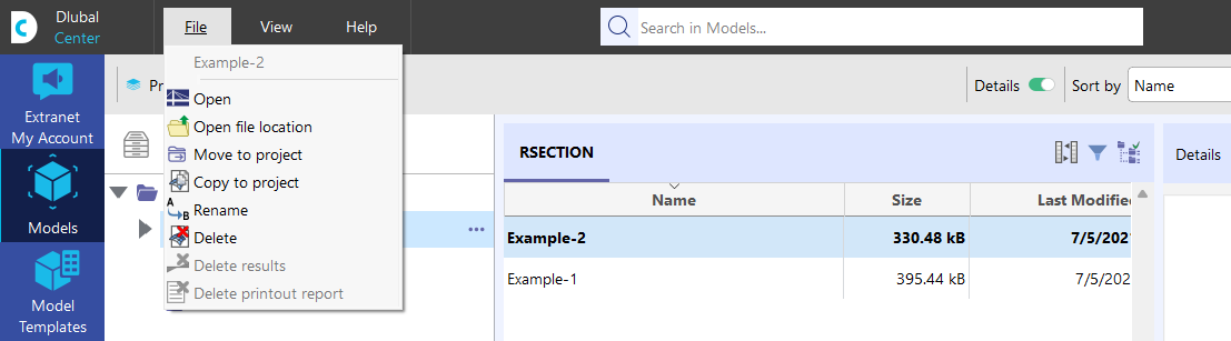 Nabídka 'Soubor' pro modely