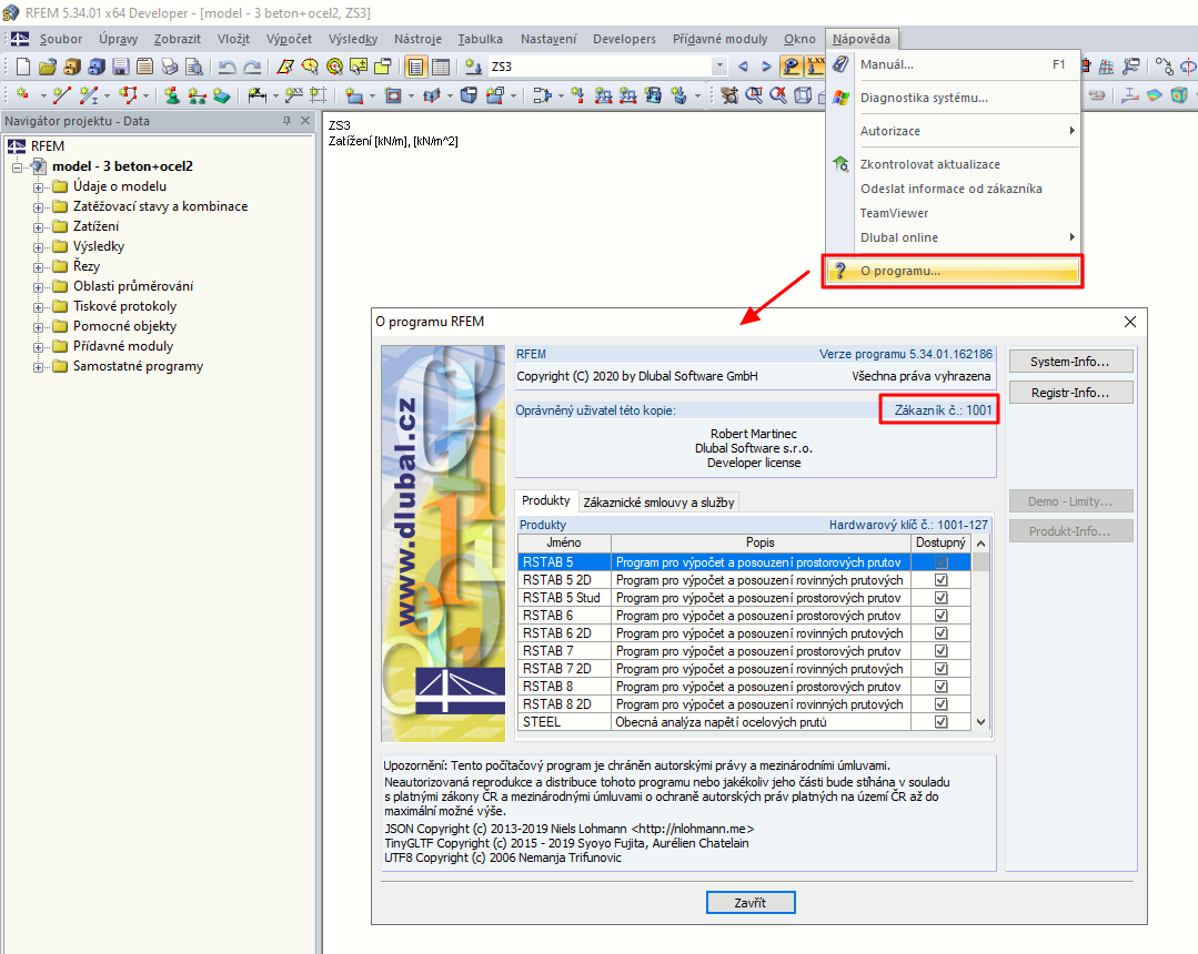 Kde najdu v programu RFEM 5 nebo RSTAB 8 své zákaznické číslo?