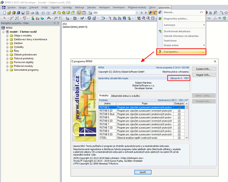 Kde najdu v programu RFEM 5 nebo RSTAB 8 své zákaznické číslo?