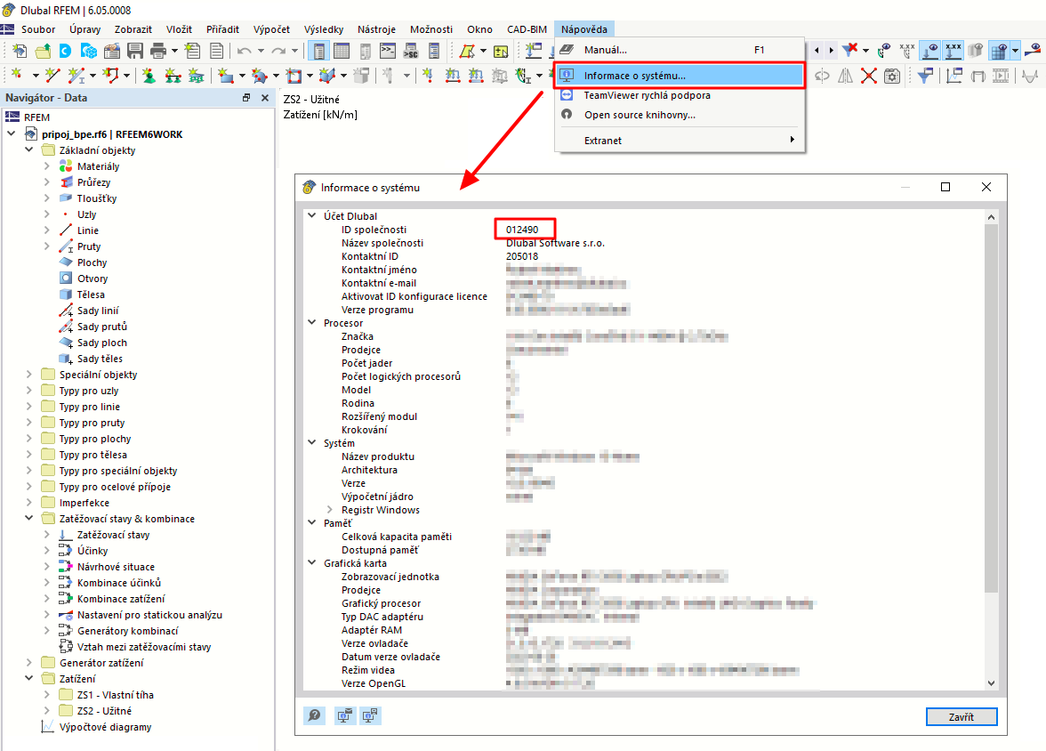 Kde najdu v programu RFEM 6 nebo RSTAB 9 své zákaznické číslo?