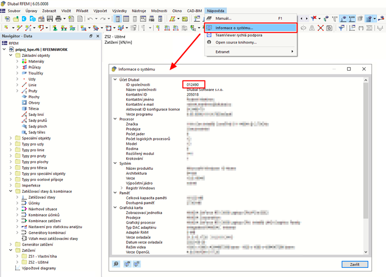 Kde najdu v programu RFEM 6 nebo RSTAB 9 své zákaznické číslo?