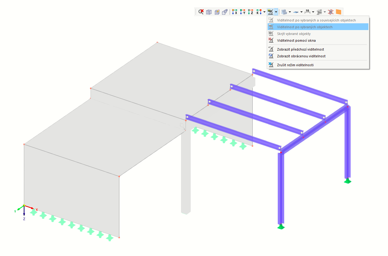 Viditelnost pomocí vybraných objektů a transparentní zobrazení neaktivních objektů