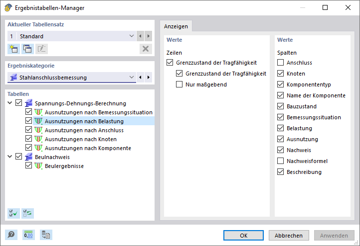Správce výsledkových tabulek pro posouzení ocelových přípojů