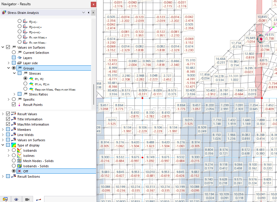 Zobrazit hodnoty hlavních napětí σ1 a σ2
