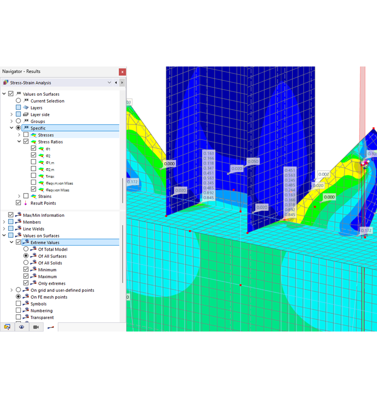 Zobrazení extrémních hodnot poměrů hlavních a ekvivalentních napětí