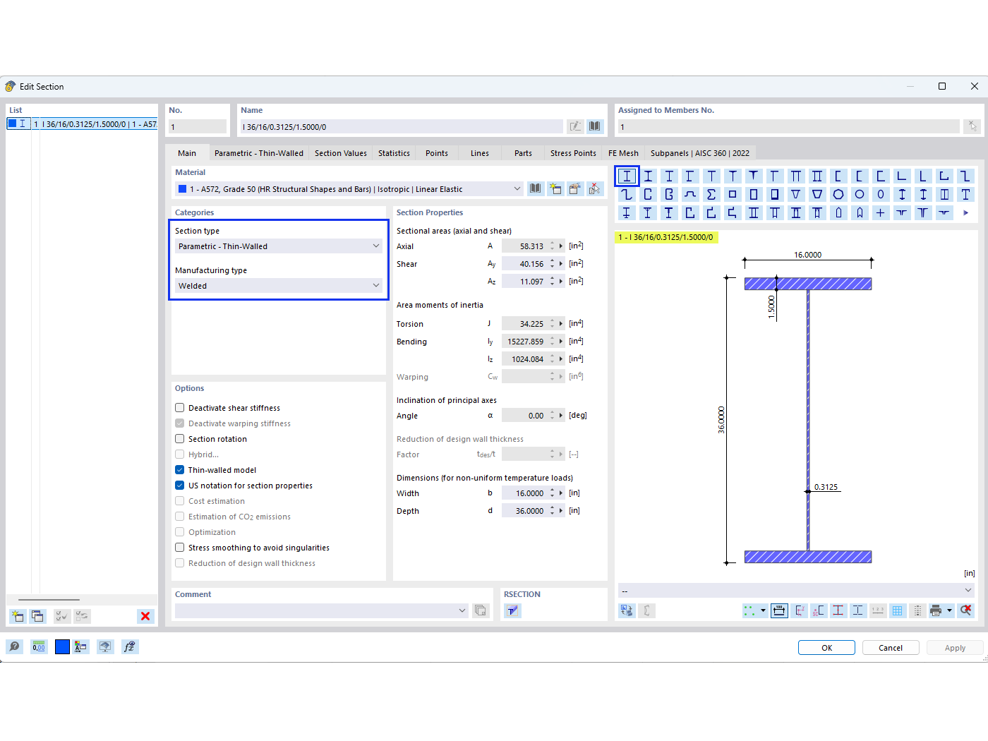 KB 001883 | Posouzení deskových nosníků podle AISC 360-22 v programu RFEM 6