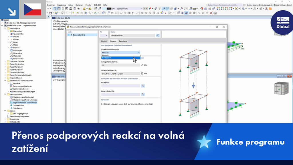 Vizualizace převzetí podporových reakcí do volných zatížení v konstrukcích.