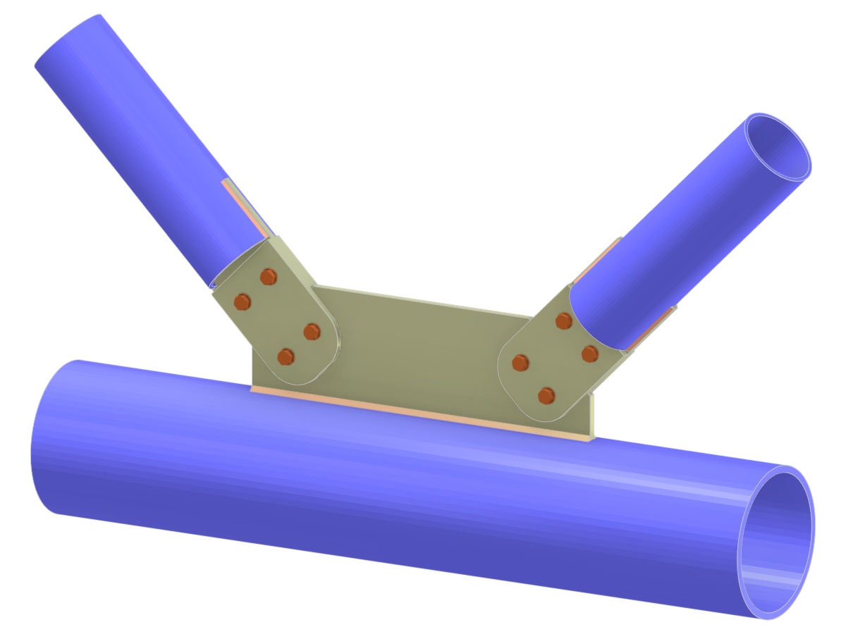 Model 005283 | Přípoj příhradového nosníku ve tvaru K | Spojení diagonál k pásu pomocí přípojného plechu, připojovacího plechu a krycích plechů