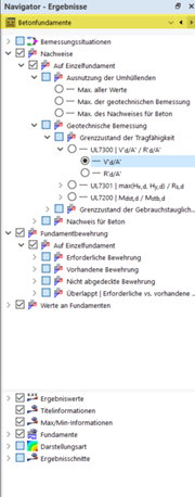 Betonové základy jsou podrobně analyzovány v navigátoru a výsledky jsou zobrazeny.