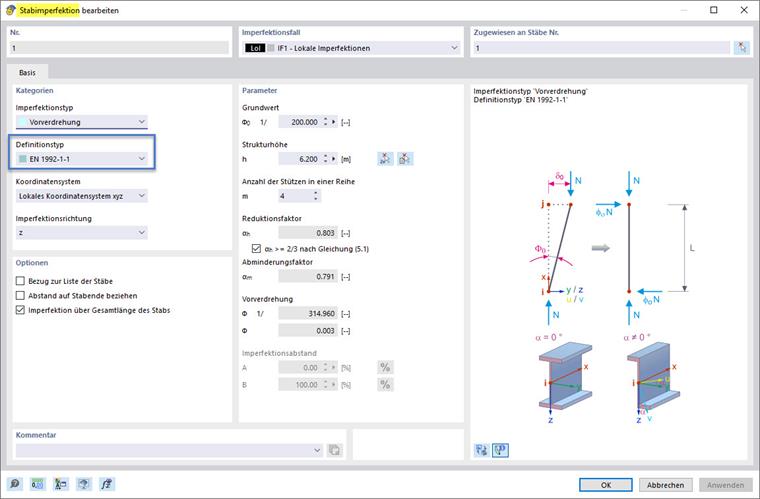 Obrázek imperfekce prutu podle EN 1992-1-1 a EC 2, typ definice: počáteční naklonění