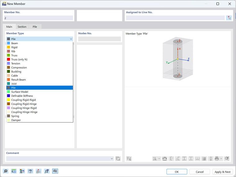 Rozhraní zobrazující výběr typu prutu pilota v inženýrském softwaru