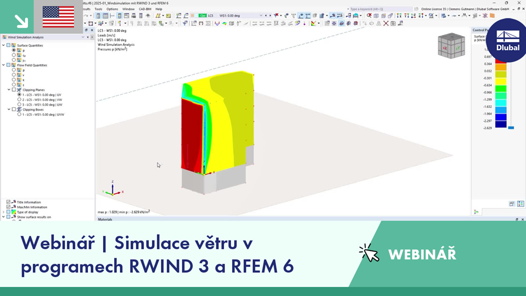 Webinar graphic featuring wind simulation with RWIND 3 and RFEM 6 technologies.