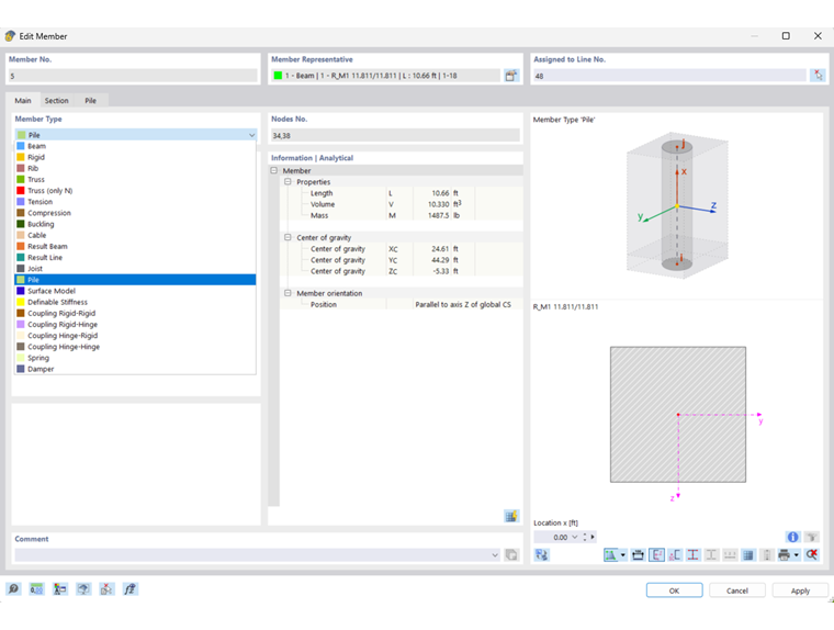 Dialogové okno pro zadání parametrů piloty | Výběr typu piloty