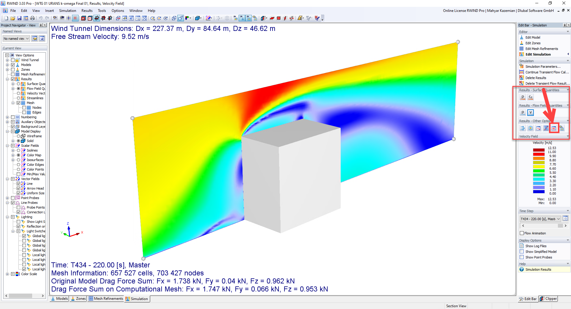 Vykreslený graf znázorňující výsledky přechodového proudění s popsanými osami a zakřivenou datovou linií.