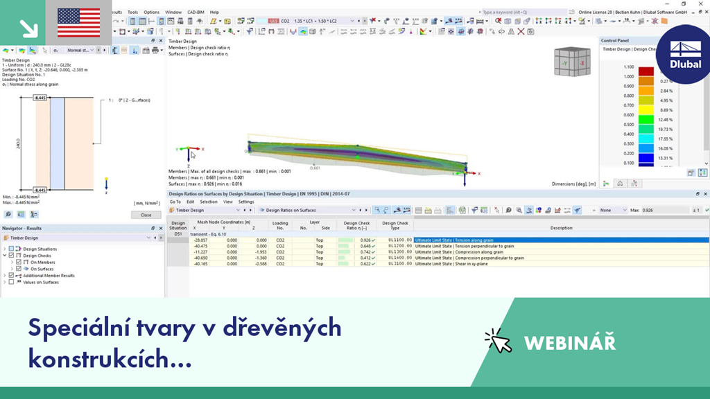 Analýza dřevěné konstrukce se speciálními tvary pomocí analýzy prutů a ploch