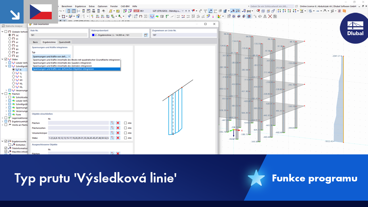Výsledková linie typu prutu umožňuje integraci vnitřních sil prutu | Funkce produktu