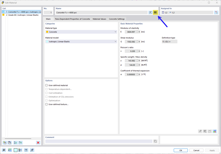 Přehled dialogového okna pro úpravu materiálu | Tlačítko Knihovna materiálů | Výběr betonu a armovací oceli