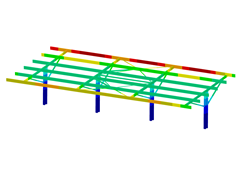 Tento model zobrazuje fotovoltaické zastřešení od GH Hervouet s malými deformacemi na sloupech a věšími na horních okrajích.