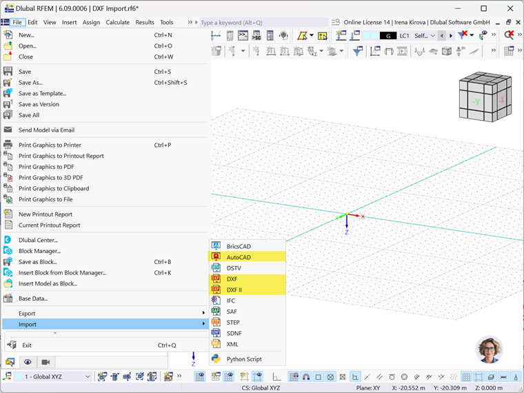 Obrázek zobrazuje možnosti importu pro AutoCAD, DXF a DXF II v programu RFEM 6.
