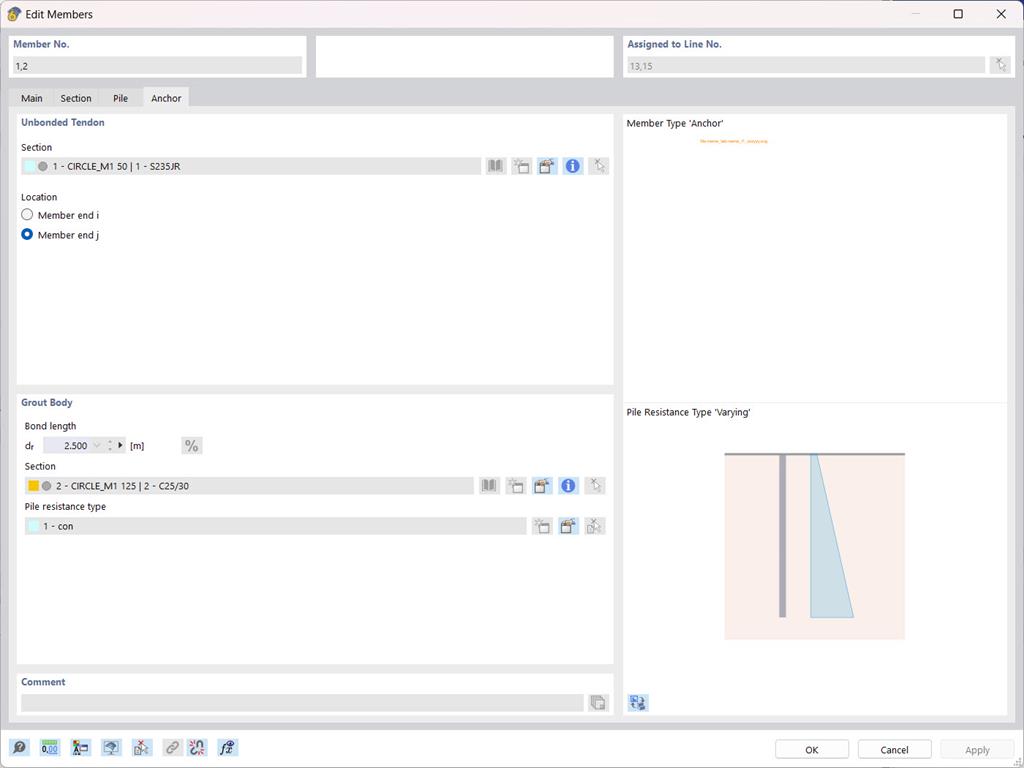 Na obrázku vidíme typ prutu Kotva, který je uložený v půdním tělese a který umožňuje zadat parametry pro tažený prut i injektované těleso.
