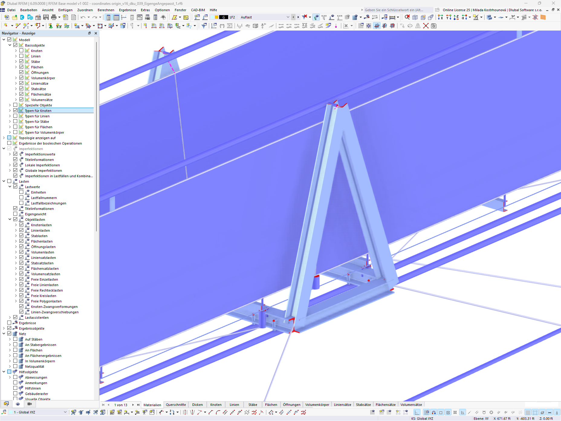 Model RFEM visutého mostu LaPendenta v obci Disentis/Mustér představuje precizní návrh stabilní lanové konstrukce.