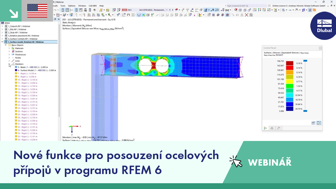 Prezentace ukazující nové funkce pro navrhování ocelových přípojů ve webináři RFEM 6.