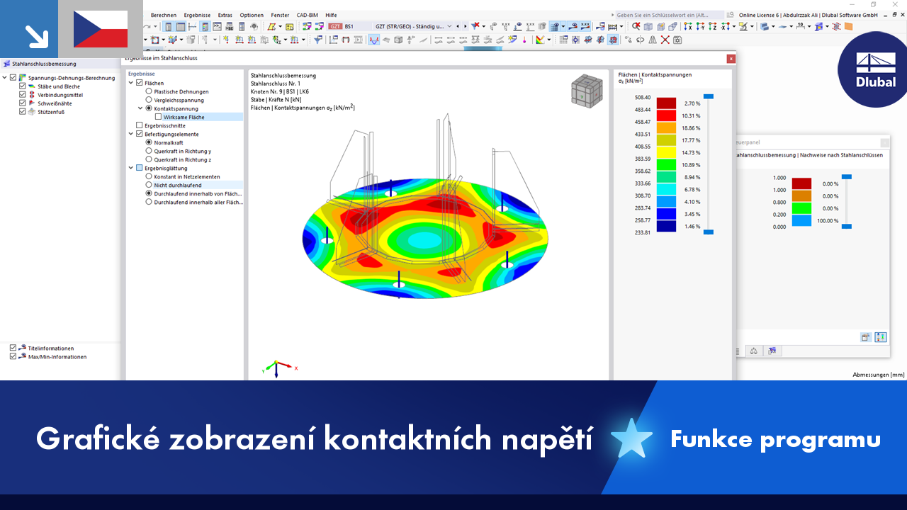Zobrazení kontaktních napětí v konstrukci, podrobně zobrazené v grafickém zobrazení pomocí barevného stínování.