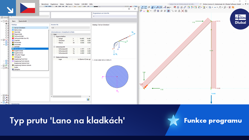 Zobrazení typu prutu „Lano na kladkách“, zvýrazněného v modelu konstrukce pro zvýšenou analýzu napětí.