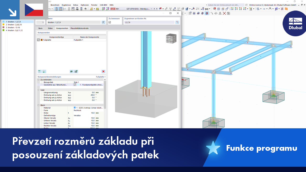 Vizualizace přenosu jednotlivých rozměrů základů při návrhu základů v softwaru. Snímek obrazovky dialogového okna s volitelnými vstupními poli pro parametry, jako je šířka, délka a hloubka. Jsou zde vizuální poznámky k použití těchto parametrů při analýze konstrukce. Profesionální program pro statické výpočty pro podporu analýzy konstrukce.
