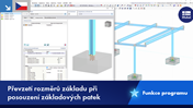 Vizualizace přenosu jednotlivých rozměrů základů při návrhu základů v softwaru. Snímek obrazovky dialogového okna s volitelnými vstupními poli pro parametry, jako je šířka, délka a hloubka. Jsou zde vizuální poznámky k použití těchto parametrů při analýze konstrukce. Profesionální program pro statické výpočty pro podporu analýzy konstrukce.