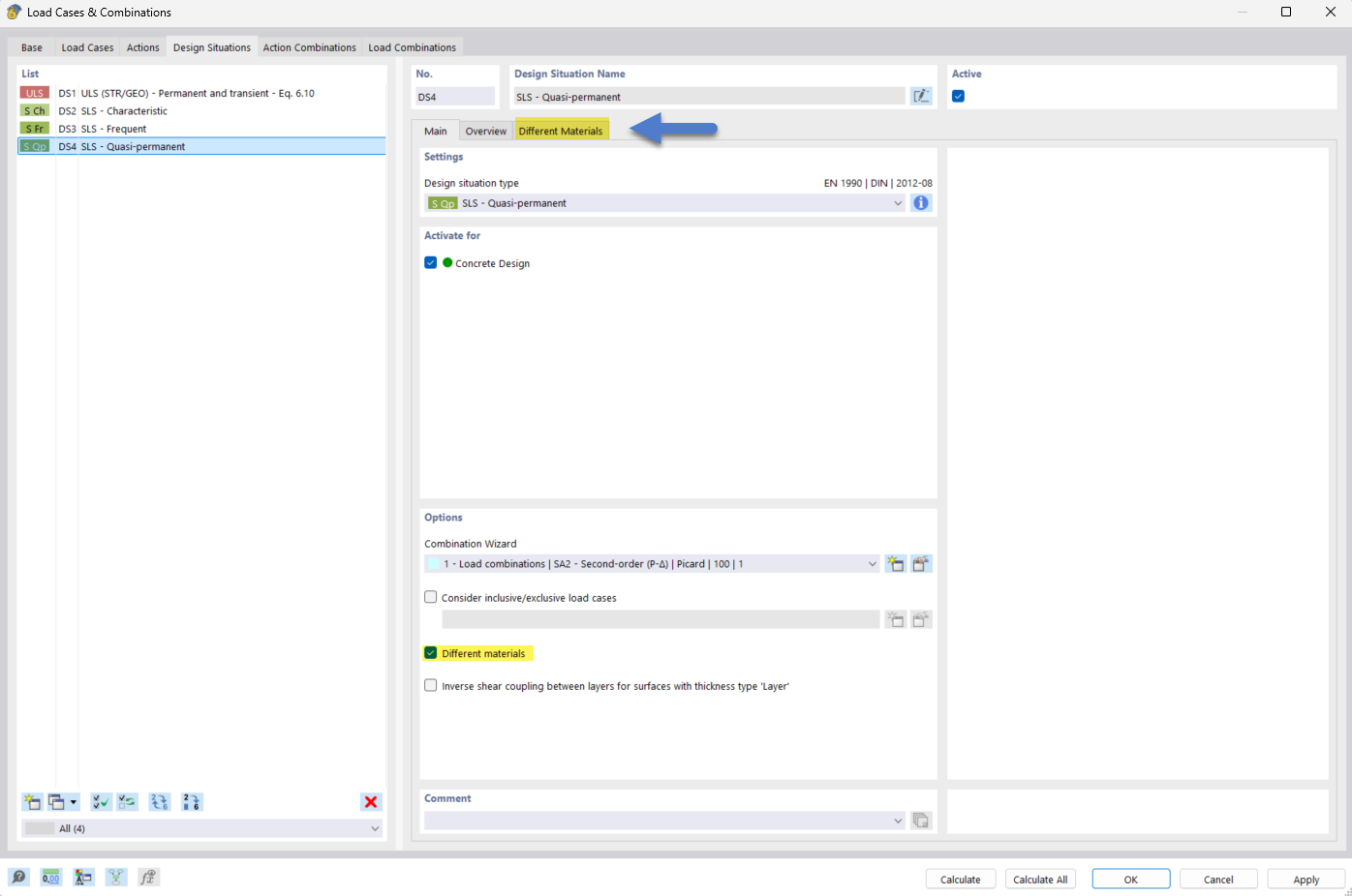 Aktivace stavu posuzování v RFEM 6 s různými materiály.