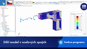 Zobrazení dílčího modelu s ocelovými spoji, včetně nosníků a detailů spojů, pro analýzu konstrukce.