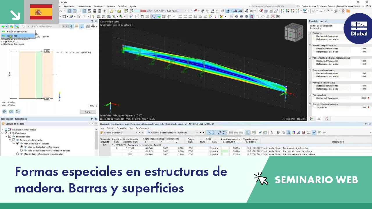 Modelování nosníku pultové střechy a dřevěné konstrukce v programu RFEM 6 během webináře ve španělském jazyce.