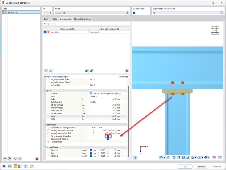 Detailní zobrazení předepjatých šroubů v modulu pro posuzování ocelových přípojů. Viditelné použití ocelových dílů pro znázornění.