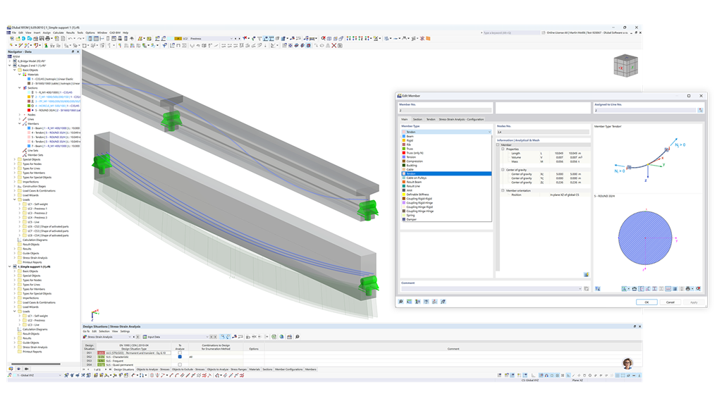 3D vyobrazení železobetonového nosníku s viditelnými předpínacími pruty znázorňující umístění prutů.