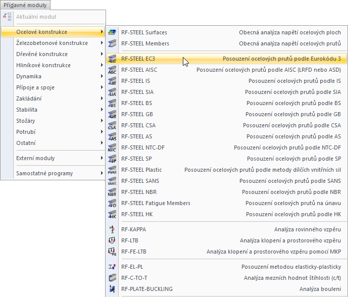 Nabídka addon modulu pro navrhování ocelových konstrukcí zobrazená v modulu RF-/STEEL EC3.