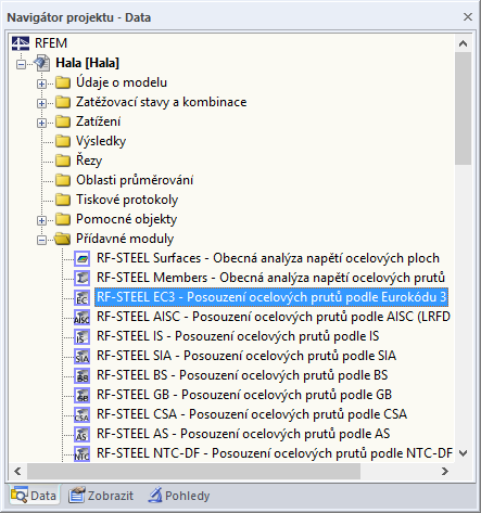 Datový navigátor pro RF-/STEEL EC3 se strukturovaným přehledem modulů